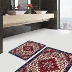 2'li Set Gold - Mavi Zeminde Altın Motifli Kanvas Desenli Bohem Modern  2'li Banyo & Mutfak Paspas Takımı Realhomes