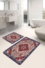 - PaspasTakimi-2li-Set1389-Gorsel-2 - Realhomes 2'li Set Kırmızı Zeminde Antik Motifli El Dokuma Desenli Etnik Motifler Avangarde 2'li Banyo & Mutfak Paspas Takımı Realhomes