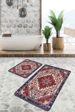 - PaspasTakimi-2li-Set1389-Gorsel-4 - Realhomes 2'li Set Kırmızı Zeminde Antik Motifli El Dokuma Desenli Etnik Motifler Avangarde 2'li Banyo & Mutfak Paspas Takımı Realhomes