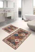 - PaspasTakimi-2li-Set1390-Gorsel - Realhomes  2'li Set Krem - Kırmızı Zeminde Uşak Motifli Kilim Desenli Avangarde Etnik Motifler  2'li Banyo & Mutfak Paspas Takımı Realhomes