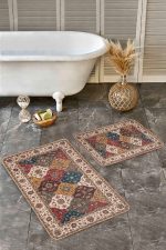 - Realhomes - Realhomes  2'li Set Krem - Kırmızı Zeminde Uşak Motifli Kilim Desenli Avangarde Etnik Motifler  2'li Banyo & Mutfak Paspas Takımı Realhomes