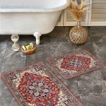 2'li Set Siyah - Gold Zeminde Geometrik Motifli Klasik Desenli Geometrik Sade & Şık  2'li Banyo & Mutfak Paspas Takımı Realhomes