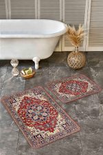 - Realhomes - Realhomes  2'li Set Kırmızı Zeminde Hereke Motifli Dokuma Halı Desenli Vintage Avangarde  2'li Banyo & Mutfak Paspas Takımı Realhomes