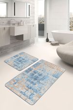2'li Set Mavi - Krem Zeminde Örme Motifli Kilim Desenli Eskitme Motifli Vintage  2'li Banyo & Mutfak Paspas Takımı Realhomes