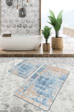 2'li Set Mavi - Krem Zeminde Örme Motifli Kilim Desenli Eskitme Motifli Vintage  2'li Banyo & Mutfak Paspas Takımı Realhomes
