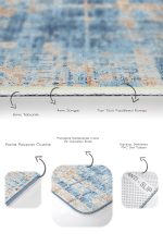 2'li Set Mavi - Krem Zeminde Örme Motifli Kilim Desenli Eskitme Motifli Vintage  2'li Banyo & Mutfak Paspas Takımı Realhomes