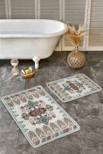 - Realhomes - Realhomes  2'li Set Ekru Zeminde Antika Motifli Dokuma Halı Desenli Etnik Motifler Avangarde  2'li Banyo & Mutfak Paspas Takımı Realhomes