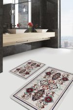 - PaspasTakimi-2li-Set1394-Gorsel-1 - Realhomes 2'li Set Kırmızı - Gri Zeminde Otantik Motifli Osmanlı Desenli Etnik Motifler Vintage 2'li Banyo & Mutfak Paspas Takımı Realhomes