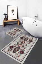 - PaspasTakimi-2li-Set1394-Gorsel - Realhomes 2'li Set Kırmızı - Gri Zeminde Otantik Motifli Osmanlı Desenli Etnik Motifler Vintage 2'li Banyo & Mutfak Paspas Takımı Realhomes