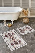 - Realhomes - Realhomes 2'li Set Kırmızı - Gri Zeminde Otantik Motifli Osmanlı Desenli Etnik Motifler Vintage 2'li Banyo & Mutfak Paspas Takımı Realhomes