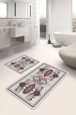 - PaspasTakimi-2li-Set1394-Gorsel-4 - Realhomes 2'li Set Kırmızı - Gri Zeminde Otantik Motifli Osmanlı Desenli Etnik Motifler Vintage 2'li Banyo & Mutfak Paspas Takımı Realhomes