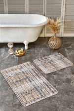 2'li Set Krem Siyah Zeminde Antika Motifli El Dokuma Desenli Geometrik Eskitme Motifli  2'li Banyo & Mutfak Paspas Takımı Realhomes