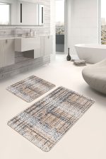 2'li Set Krem Siyah Zeminde Antika Motifli El Dokuma Desenli Geometrik Eskitme Motifli  2'li Banyo & Mutfak Paspas Takımı Realhomes