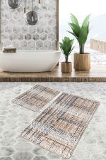 2'li Set Krem Siyah Zeminde Antika Motifli El Dokuma Desenli Geometrik Eskitme Motifli  2'li Banyo & Mutfak Paspas Takımı Realhomes