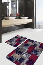 - PaspasTakimi-2li-Set1397-Gorsel-1 - Realhomes  2'li Set Lacivert - Kırmızı Zeminde Patchwork Motifli Kilim Desenli Klasik Vintage  2'li Banyo & Mutfak Paspas Takımı Realhomes