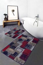 - PaspasTakimi-2li-Set1397-Gorsel - Realhomes  2'li Set Lacivert - Kırmızı Zeminde Patchwork Motifli Kilim Desenli Klasik Vintage  2'li Banyo & Mutfak Paspas Takımı Realhomes