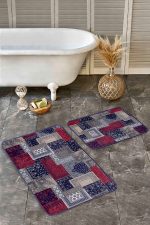 - Realhomes - Realhomes  2'li Set Lacivert - Kırmızı Zeminde Patchwork Motifli Kilim Desenli Klasik Vintage  2'li Banyo & Mutfak Paspas Takımı Realhomes