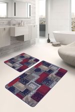 - PaspasTakimi-2li-Set1397-Gorsel-4 - Realhomes  2'li Set Lacivert - Kırmızı Zeminde Patchwork Motifli Kilim Desenli Klasik Vintage  2'li Banyo & Mutfak Paspas Takımı Realhomes