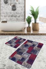 - PaspasTakimi-2li-Set1397-Gorsel-5 - Realhomes  2'li Set Lacivert - Kırmızı Zeminde Patchwork Motifli Kilim Desenli Klasik Vintage  2'li Banyo & Mutfak Paspas Takımı Realhomes