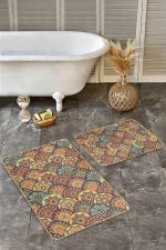 - Realhomes - Realhomes  2'li Set Hardal Zeminde Etnik Motifli Kilim Desenli Vintage Geometrik  2'li Banyo & Mutfak Paspas Takımı Realhomes