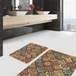 2'li Set Siyah - Kahverengi Zeminde Leopar Motifli Deri Desenli Klasik Sade & Şık  2'li Banyo & Mutfak Paspas Takımı Realhomes