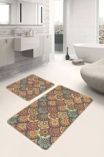 - PaspasTakimi-2li-Set1398-Gorsel-2 - Realhomes  2'li Set Hardal Zeminde Etnik Motifli Kilim Desenli Vintage Geometrik  2'li Banyo & Mutfak Paspas Takımı Realhomes