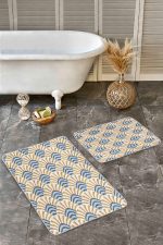 - Realhomes - Realhomes 2'li Set Hardal - Mavi Zeminde Patchwork Motifli Kilim Desenli Geometrik Sade & Şık 2'li Banyo & Mutfak Paspas Takımı Realhomes