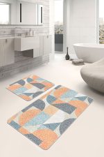 - PaspasTakimi-2li-Set1401-Gorsel-2 - Realhomes 2'li Set Lacivert - Turuncu Zeminde Kanvas Motifli Nokta Desenli Geometrik Sade & Şık 2'li Banyo & Mutfak Paspas Takımı Realhomes