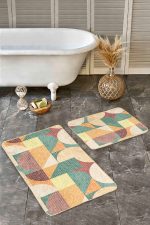 - Realhomes - Realhomes  2'li Set Rengarenk Zeminde Art Deco Motifli Kilim Desenli Geometrik Klasik  2'li Banyo & Mutfak Paspas Takımı Realhomes