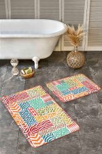 - Realhomes - Realhomes  2'li Set Beyaz Zeminde Patchwork Motifli Kilim Desenli Klasik Geometrik  2'li Banyo & Mutfak Paspas Takımı Realhomes