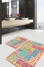 - PaspasTakimi-2li-Set1403-Gorsel - Realhomes  2'li Set Beyaz Zeminde Patchwork Motifli Kilim Desenli Klasik Geometrik  2'li Banyo & Mutfak Paspas Takımı Realhomes