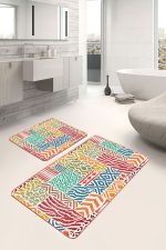 - PaspasTakimi-2li-Set1403-Gorsel-2 - Realhomes  2'li Set Beyaz Zeminde Patchwork Motifli Kilim Desenli Klasik Geometrik  2'li Banyo & Mutfak Paspas Takımı Realhomes