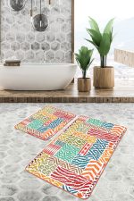 - PaspasTakimi-2li-Set1403-Gorsel-4 - Realhomes  2'li Set Beyaz Zeminde Patchwork Motifli Kilim Desenli Klasik Geometrik  2'li Banyo & Mutfak Paspas Takımı Realhomes