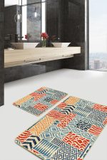 2'li Set Krem Zeminde Patchwork Motifli Patchwork Desenli Geometrik Klasik  2'li Banyo & Mutfak Paspas Takımı Realhomes