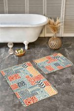2'li Set Krem Zeminde Patchwork Motifli Patchwork Desenli Geometrik Klasik  2'li Banyo & Mutfak Paspas Takımı Realhomes