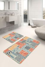 2'li Set Krem Zeminde Patchwork Motifli Patchwork Desenli Geometrik Klasik  2'li Banyo & Mutfak Paspas Takımı Realhomes