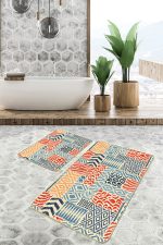 2'li Set Krem Zeminde Patchwork Motifli Patchwork Desenli Geometrik Klasik  2'li Banyo & Mutfak Paspas Takımı Realhomes