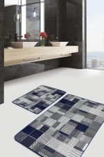 2'li Set Lacivert Zeminde Geometrik Motifli Patchwork Desenli Geometrik Sade & Şık  2'li Banyo & Mutfak Paspas Takımı Realhomes