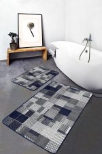 2'li Set Lacivert Zeminde Geometrik Motifli Patchwork Desenli Geometrik Sade & Şık  2'li Banyo & Mutfak Paspas Takımı Realhomes
