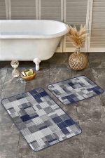 2'li Set Lacivert Zeminde Geometrik Motifli Patchwork Desenli Geometrik Sade & Şık  2'li Banyo & Mutfak Paspas Takımı Realhomes