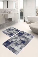 2'li Set Lacivert Zeminde Geometrik Motifli Patchwork Desenli Geometrik Sade & Şık  2'li Banyo & Mutfak Paspas Takımı Realhomes