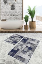2'li Set Lacivert Zeminde Geometrik Motifli Patchwork Desenli Geometrik Sade & Şık  2'li Banyo & Mutfak Paspas Takımı Realhomes