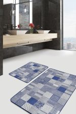 2'li Set Mavi Zeminde Geometrik Motifli Patchwork Desenli Geometrik Sade & Şık  2'li Banyo & Mutfak Paspas Takımı Realhomes