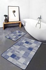 2'li Set Mavi Zeminde Geometrik Motifli Patchwork Desenli Geometrik Sade & Şık  2'li Banyo & Mutfak Paspas Takımı Realhomes