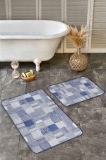 2'li Set Mavi Zeminde Geometrik Motifli Patchwork Desenli Geometrik Sade & Şık  2'li Banyo & Mutfak Paspas Takımı Realhomes