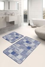 2'li Set Mavi Zeminde Geometrik Motifli Patchwork Desenli Geometrik Sade & Şık  2'li Banyo & Mutfak Paspas Takımı Realhomes