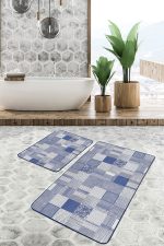 2'li Set Mavi Zeminde Geometrik Motifli Patchwork Desenli Geometrik Sade & Şık  2'li Banyo & Mutfak Paspas Takımı Realhomes