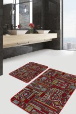 2'li Set Kırmızı - Kahverengi Zeminde Patchwork Motifli Otantik Desenli Etnik Motifler Eskitme Motifli  2'li Banyo & Mutfak Paspas Takımı Realhomes