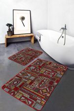 2'li Set Kırmızı - Kahverengi Zeminde Patchwork Motifli Otantik Desenli Etnik Motifler Eskitme Motifli  2'li Banyo & Mutfak Paspas Takımı Realhomes