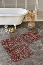 2'li Set Kırmızı - Kahverengi Zeminde Patchwork Motifli Otantik Desenli Etnik Motifler Eskitme Motifli  2'li Banyo & Mutfak Paspas Takımı Realhomes